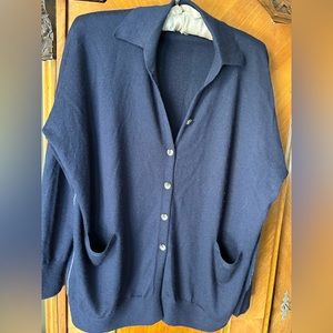 Cashmere sweater Paychi Guh navy cardigan sz L pockets marked s/m. Wide fit.Sale